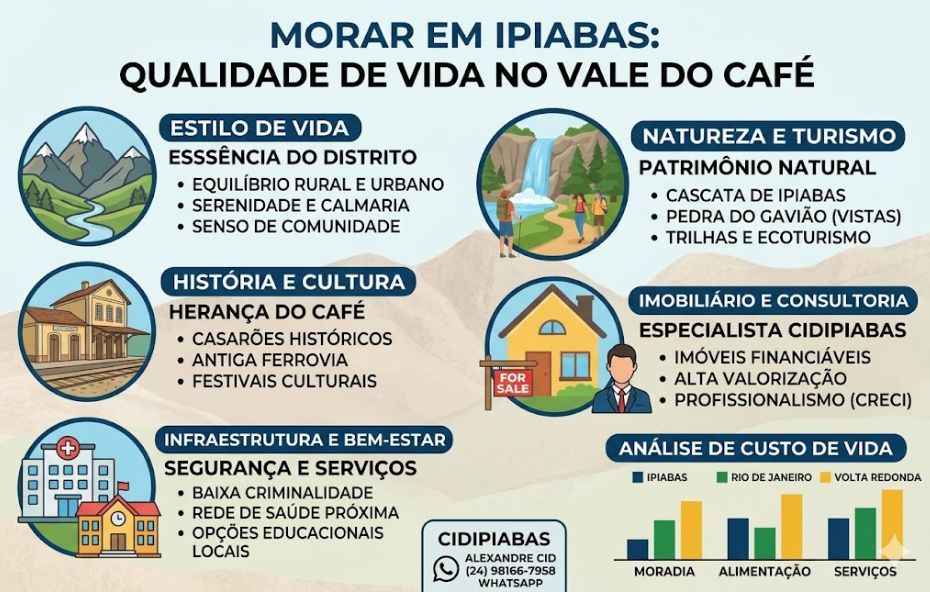 Um infográfico detalhado com o título Morar em Ipiabas Qualidade de Vida no Vale do Café, apresentando ícones e tópicos sobre estilo de vida, história, infraestrutura, natureza, consultoria imobiliária da CidIpiabas e um gráfico comparativo de custo de vida.
