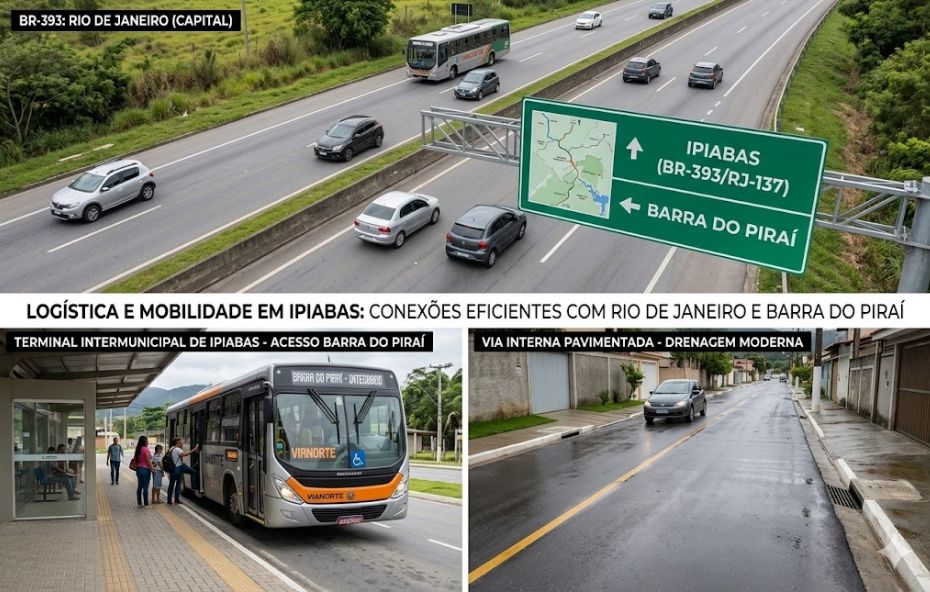 Um infográfico composto por três fotografias sobrepostas por textos em português. A imagem superior mostra uma rodovia movimentada com uma placa de sinalização verde indicando Ipiabas e Barra do Piraí. A imagem inferior esquerda exibe passageiros embarcando em um ônibus moderno em um terminal rodoviário. A imagem inferior direita detalha uma rua residencial pavimentada e molhada com sistema de drenagem eficiente.