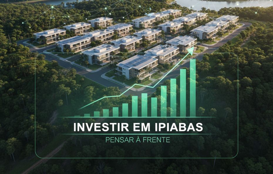 Vista aérea de um condomínio moderno integrado à natureza com um gráfico de crescimento ascendente e o texto Investir em Ipiabas Pensar à Frente.