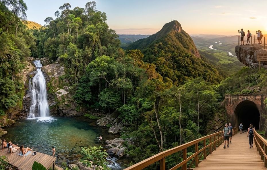 Vista panorâmica de uma cachoeira com poço de água verde e uma ponte de madeira onde pessoas caminham em direção a um túnel de pedra em uma paisagem montanhosa ao pôr do sol.