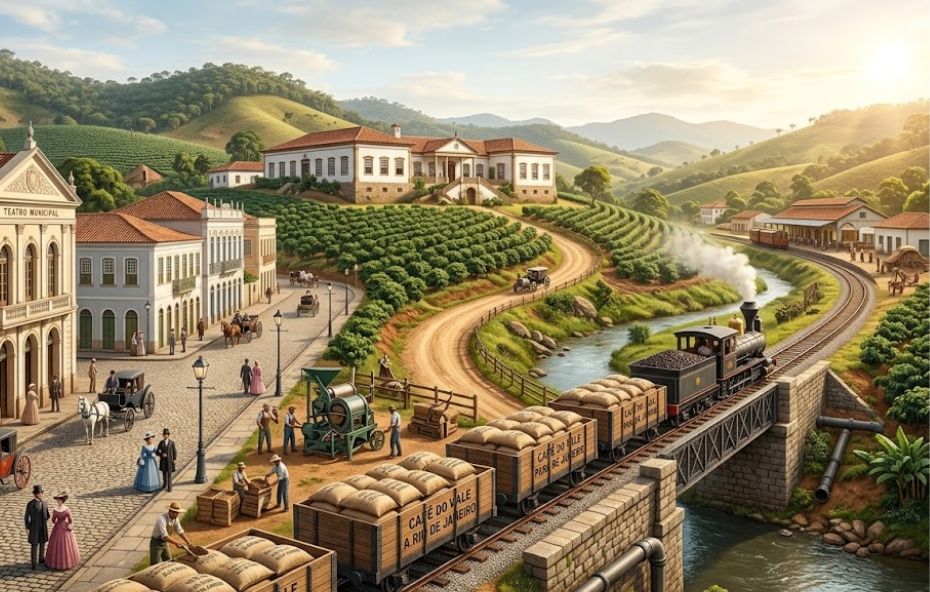 Um panorama ilustrado de uma cidade colonial brasileira e sua infraestrutura. À esquerda, ruas de paralelepípedos com postes de luz a gás e um teatro luxuoso. Ao centro, trabalhadores em uma plantação de café e com máquinas de beneficiamento. À direita, um trem a vapor carregado de sacas de café cruza uma ponte ferroviária sobre um rio, integrando o escoamento ao porto.