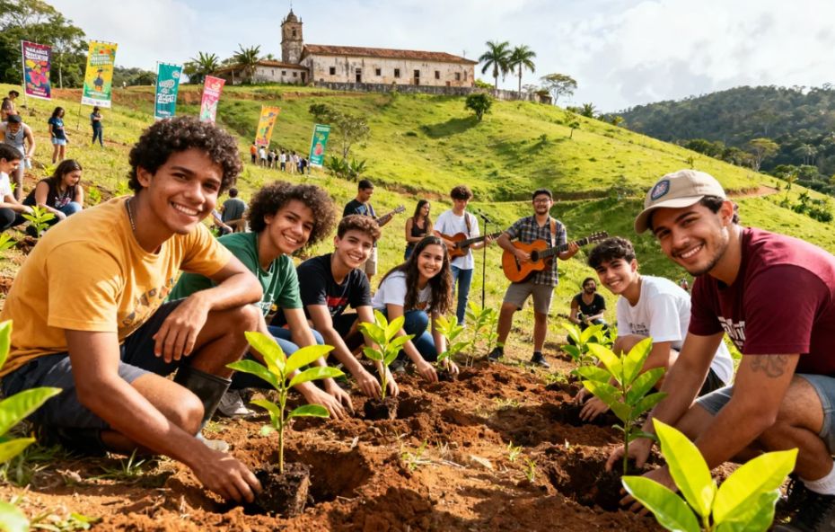 Um grupo de jovens sorridentes planta mudas de árvores em uma encosta gramada com uma fazenda histórica ao fundo. Ao lado deles alguns músicos tocam violão enquanto os estudantes realizam a ação ambiental sob um céu claro.