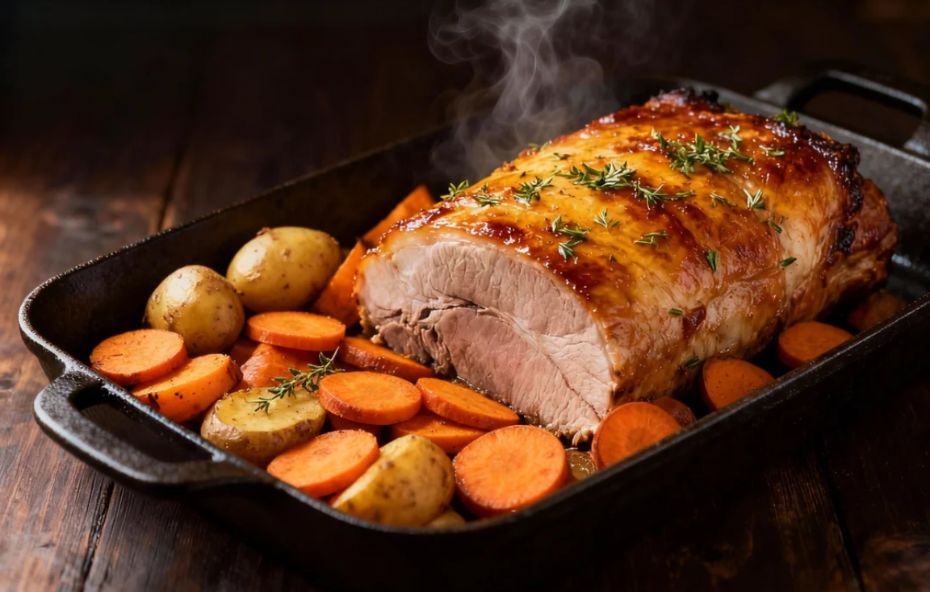 Uma peça de carne assada fatiada em uma extremidade revelando o interior rosado e suculento disposta em uma travessa de ferro fundido preta. A carne está coberta por uma crosta dourada com ervas frescas e é acompanhada por rodelas de cenoura e batatas inteiras pequenas. Há vapor saindo da carne quente sobre um fundo de madeira escura.