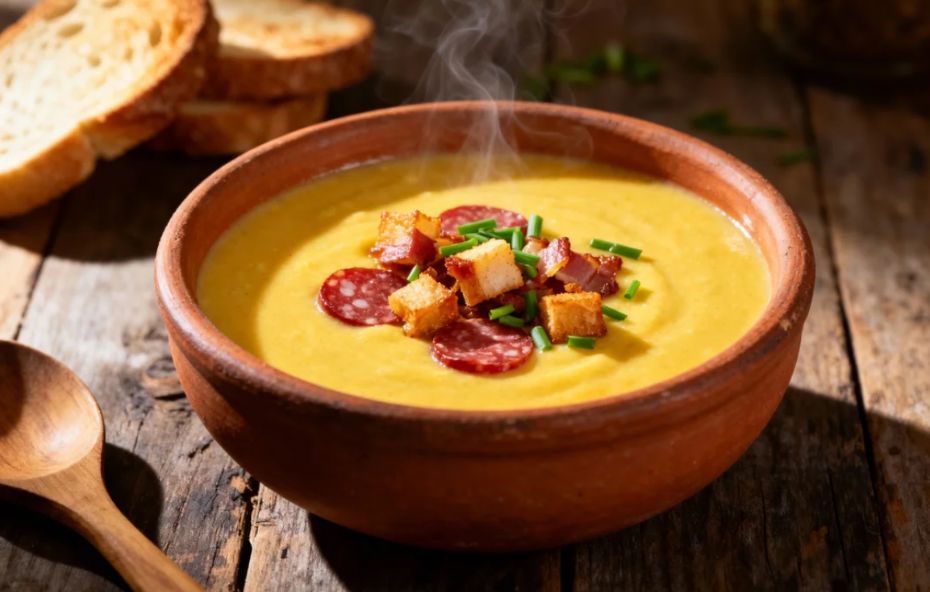 Uma tigela de barro com caldinho de mandioca cremoso e amarelo decorado com pedaços de bacon e linguiça calabresa fritos acompanhado de torradas sobre uma mesa de madeira.