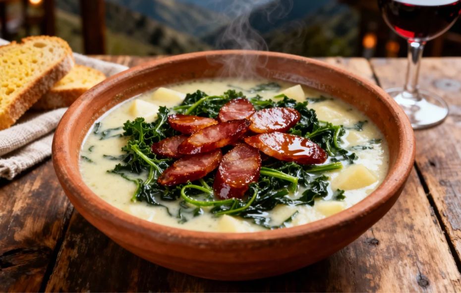 Fotografia gastronômica de um caldo verde servido em tigela de barro sobre mesa de madeira rústica acompanhado de pão com manteiga e vinho.