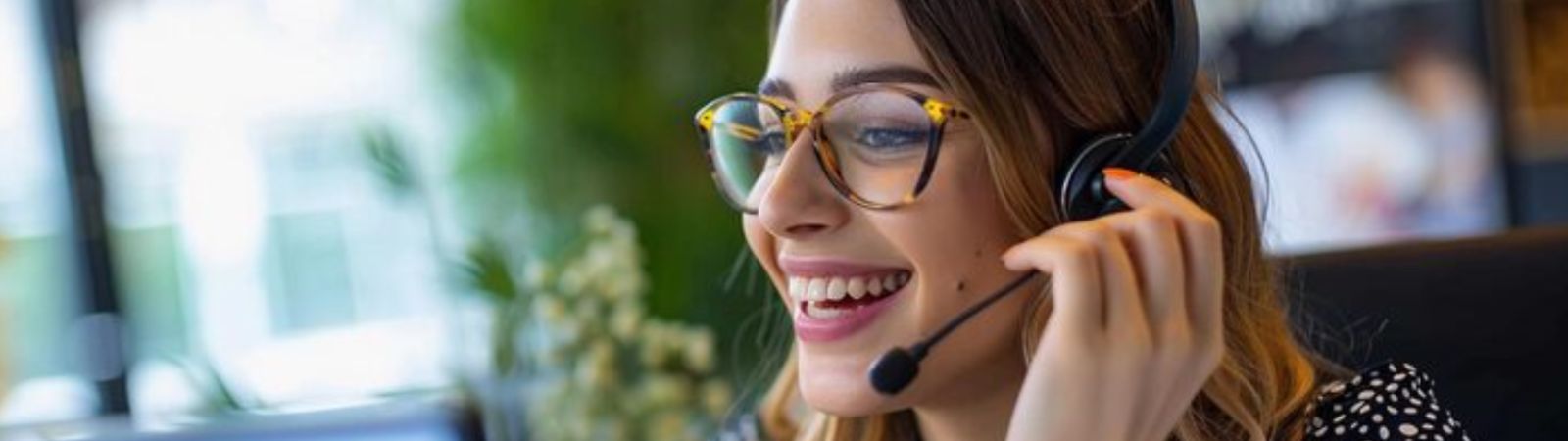 Uma mulher jovem e sorridente usa óculos de armação tartaruga e um headset profissional preto enquanto trabalha em um ambiente iluminado.