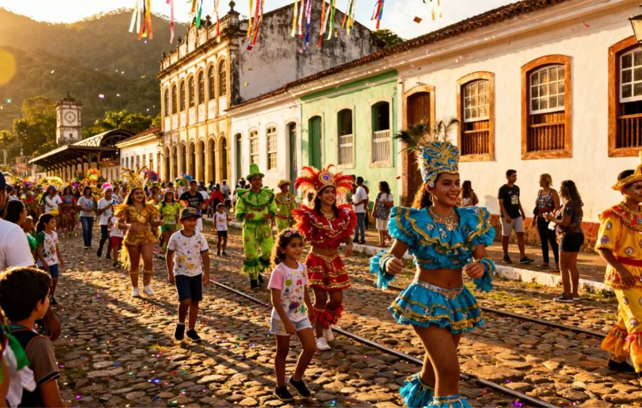 Desfile de carnaval em uma rua de paralelepípedos em Ipiabas. Uma passista com fantasia azul e sorriso no rosto está em primeiro plano, enquanto outros foliões, crianças e casarões coloniais compõem o fundo da imagem sob a luz do entardecer.