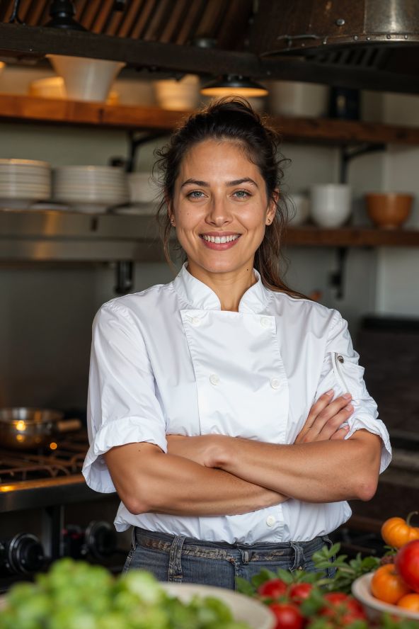 Chef de cozinha sorridente vestindo dólmã branca com braços cruzados em uma cozinha rústica profissional. Há tomates e vegetais frescos em primeiro plano representando a culinária de Ipiabas.