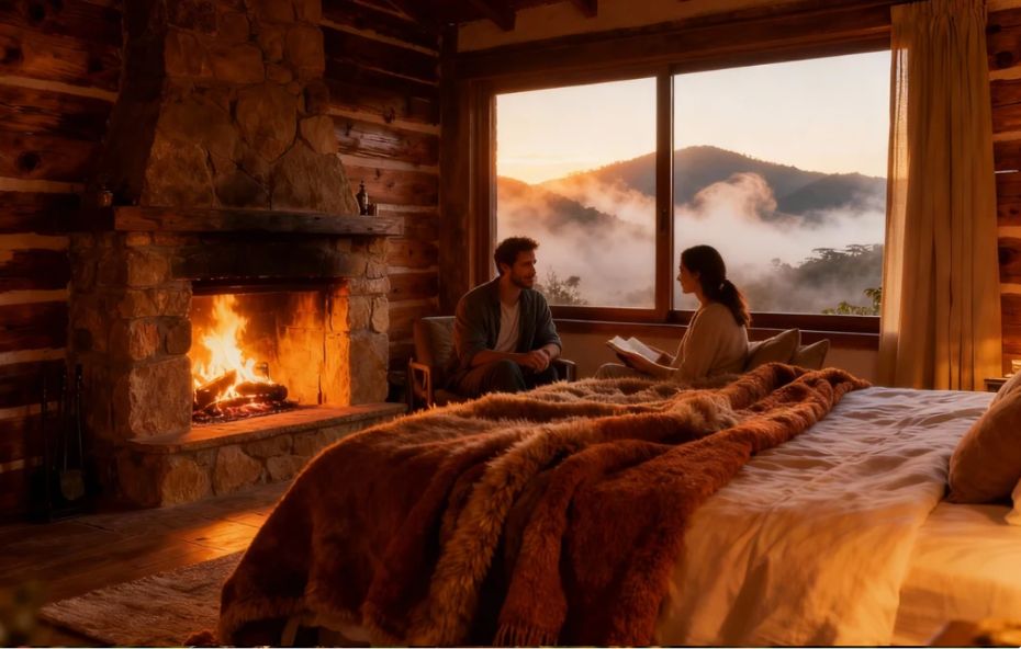 Casal sentado em um quarto de madeira aconchegante com lareira acesa e vista para montanhas com neblina ao entardecer em Barra do Piraí.