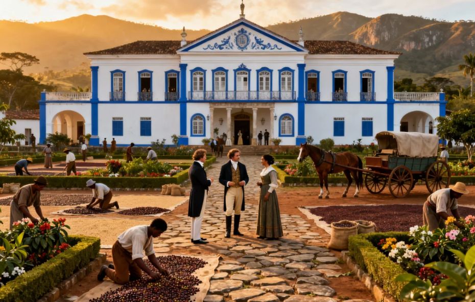 Imagem realista de uma fazenda histórica do Vale do Café com fachada branca e azul. No pátio frontal, trabalhadores manejam grãos de café em terreiros de secagem enquanto figuras da nobreza imperial conversam ao centro. O cenário inclui montanhas ao fundo e uma carruagem com cavalos.