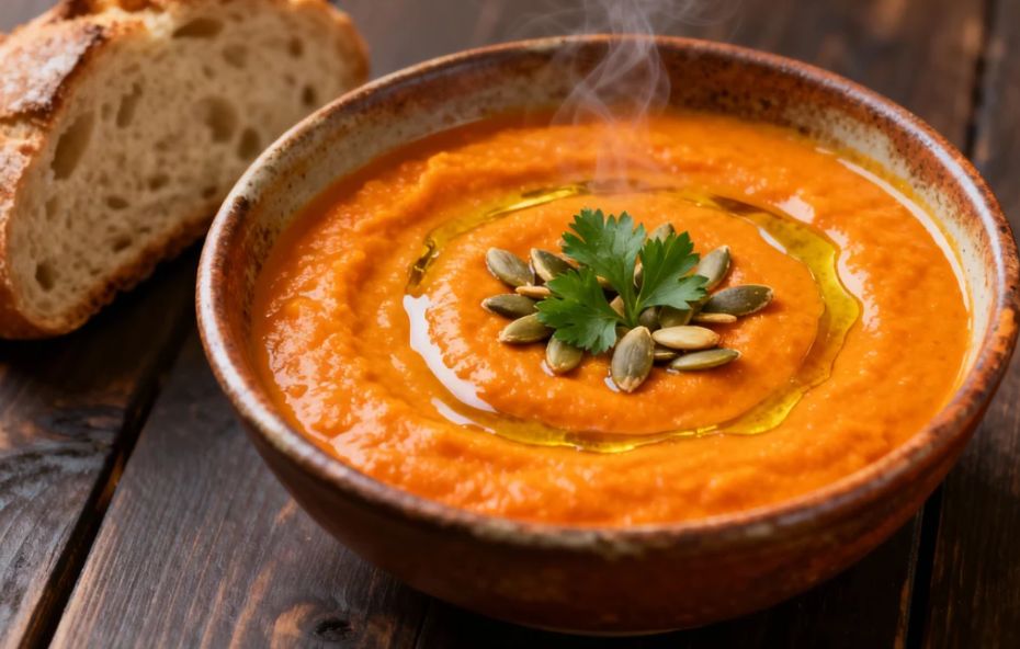 Uma tigela de cerâmica rústica contendo um creme de cor laranja vibrante com um fio de azeite dourado em círculo na superfície. No centro do creme há um arranjo de sementes de abóbora verdes e uma pequena folha de salsa fresca. Vapor leve sobe da tigela que está posicionada sobre uma mesa de madeira escura ao lado de uma fatia de pão artesanal.