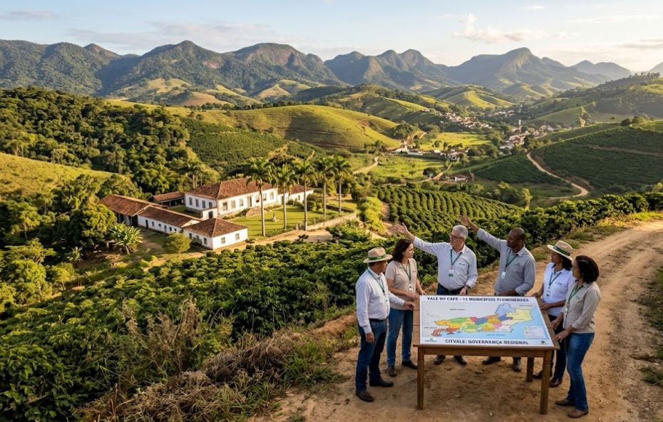 Um grupo de seis profissionais, vestindo camisas uniformizadas e crachás, está em um mirante de terra. Eles observam uma fazenda histórica de café e plantações em um vale cercado por montanhas. Um mapa colorido da região, com municípios em destaque, está sobre uma mesa, e dois homens apontam para o cenário.
