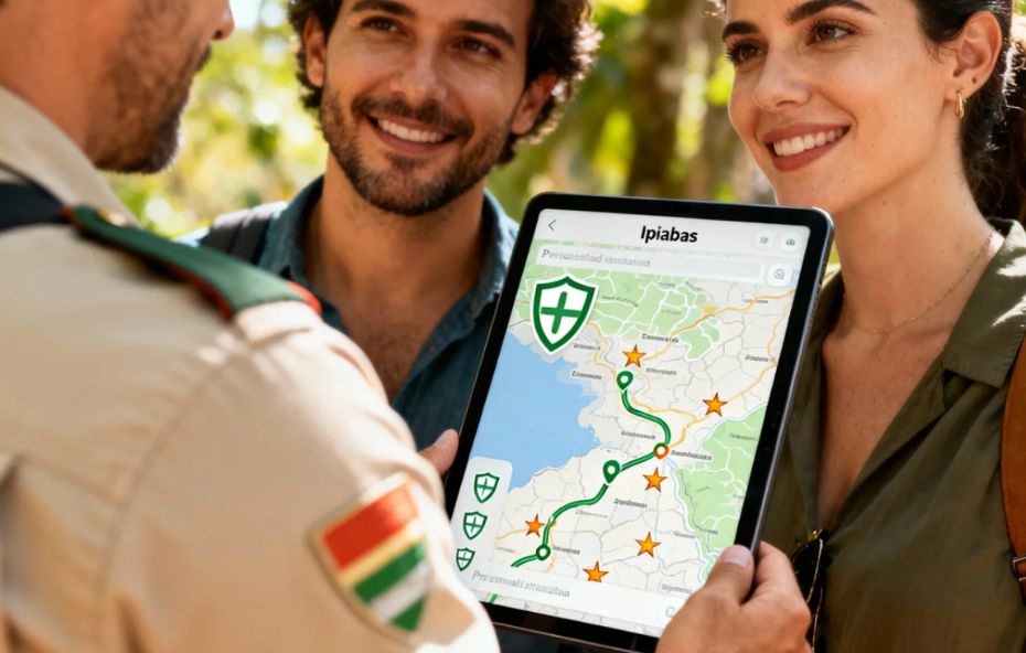 Um guia turístico sorridente entregando um mapa detalhado e um tablet para um casal de turistas em uma rua histórica de Ipiabas.