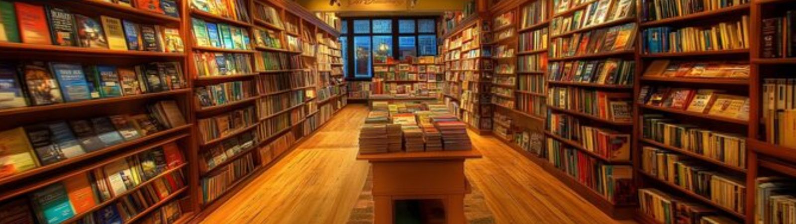 Interior de uma livraria clássica com amplas estantes de madeira repletas de livros coloridos organizados sob iluminação quente e piso de tábuas corridas.