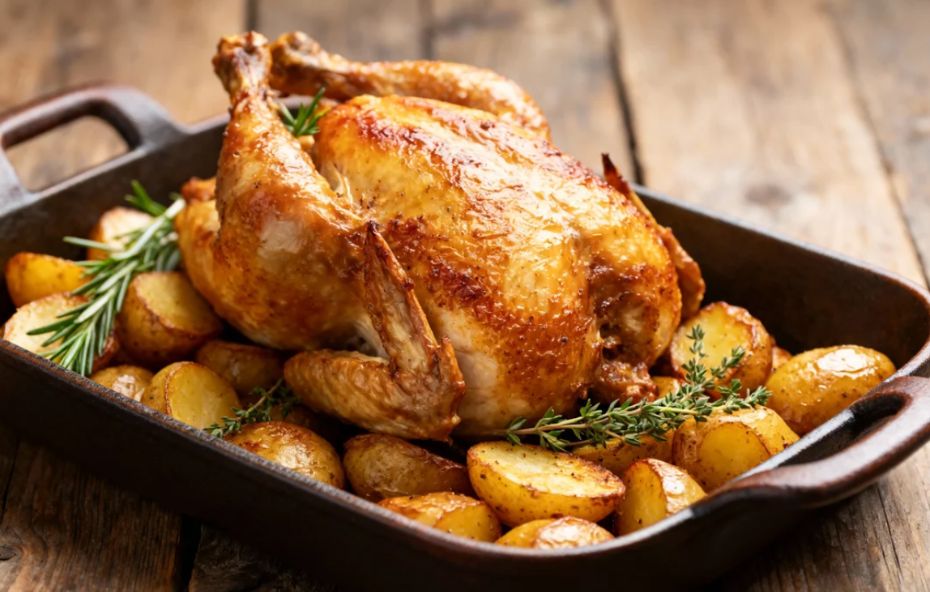 Uma travessa de ferro retangular contendo um frango inteiro assado com pele dourada e brilhante posicionado sobre uma cama de batatas rústicas cortadas ao meio. Ramos de alecrim e tomilho decoram o prato sobre uma mesa de madeira rústica em tons de marrom.