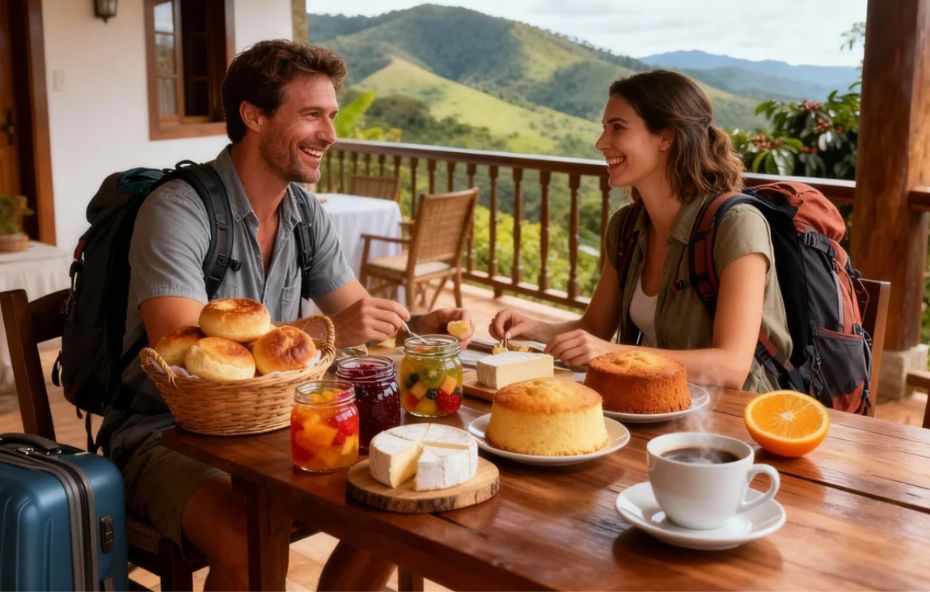 Mesa posta com itens típicos do Vale do Café em um deck de madeira cercado por floresta e chalés rústicos ao fundo.