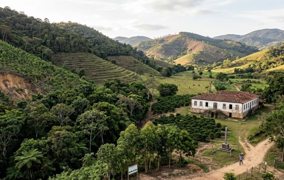 Uma vista aérea de um vale histórico no Rio de Janeiro. À esquerda, uma encosta íngreme com mata densa e áreas de reflorestamento em degraus. À direita, uma fazenda colonial branca com telhado de terracota, cercada por pequenas plantações de café. Uma estrada de terra leva à fazenda, passando por um cruzeiro de pedra. O fundo mostra colinas suaves com pastagens e fragmentos de floresta sob um céu parcialmente nublado.