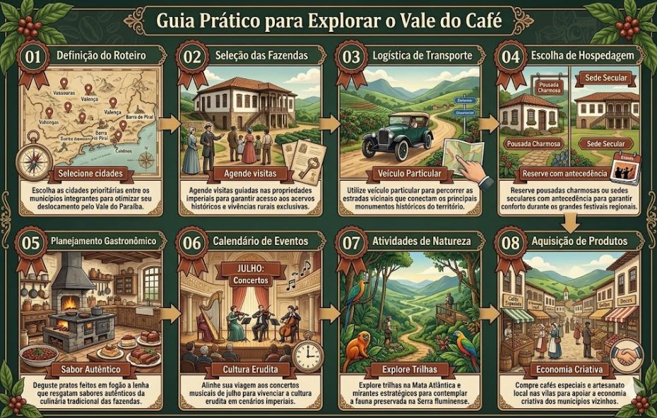 Um infográfico detalhado com oito etapas ilustradas para visitar o Vale do Café, em formato de grade com setas indicando o fluxo. O título "Guia Prático para Explorar o Vale do Café" está no topo. Cada etapa tem um número, um título, uma ilustração central e um texto descritivo. As etapas são: 01 Definição do Roteiro (com mapa e bússola), 02 Seleção das Fazendas (com casa colonial e guia), 03 Logística de Transporte (com carro vintage e mapa), 04 Escolha de Hospedagem (com pousada e sede secular), 05 Planejamento Gastronômico (com fogão a lenha e pratos), 06 Calendário de Eventos (com concerto musical), 07 Atividades de Natureza (com trilha e fauna) e 08 Aquisição de Produtos (com mercado e artesanato). A borda é verde com detalhes de ramos de café.