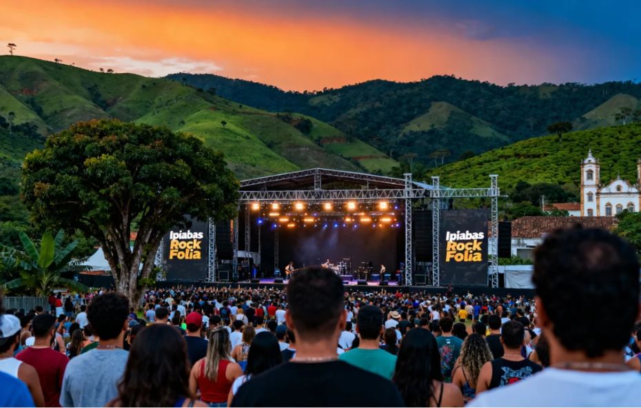 Vista de trás de uma multidão em um festival de rock ao ar livre, o Ipiabas Rock Folia. Um grande palco iluminado está ao centro, com uma banda se apresentando. À direita do palco, uma igreja histórica branca. Ao fundo, montanhas verdes sob um céu de pôr do sol em tons de laranja e azul.