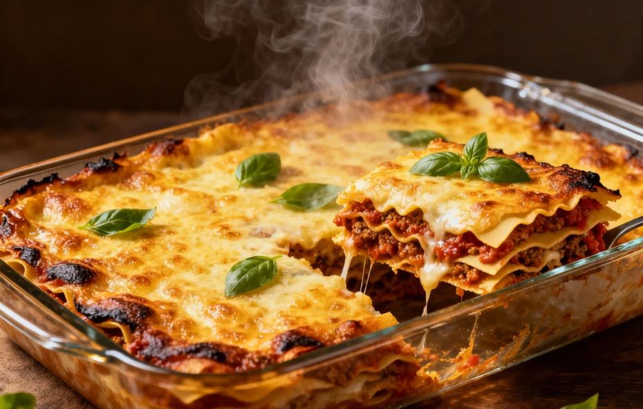 Uma travessa de vidro retangular cheia de lasanha com camadas visíveis de massa ondulada, molho de carne e queijo derretido. Uma fatia quadrada está sendo levantada, revelando o queijo esticando e o interior fumegante. Folhas de manjericão verde decoram o topo dourado e borbulhante.