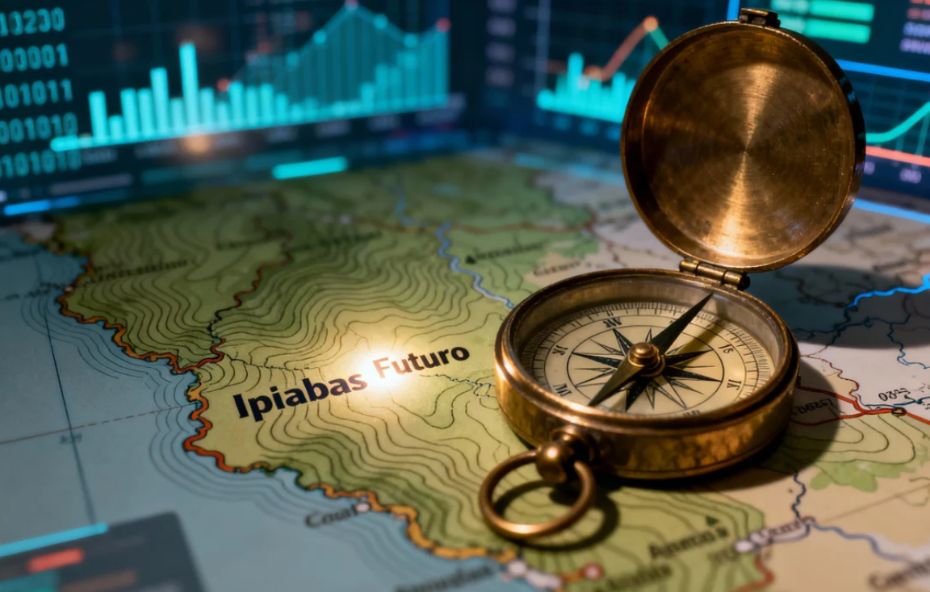 Uma bússola dourada aberta sobre um mapa topográfico da região de Ipiabas com gráficos digitais de crescimento ao fundo.