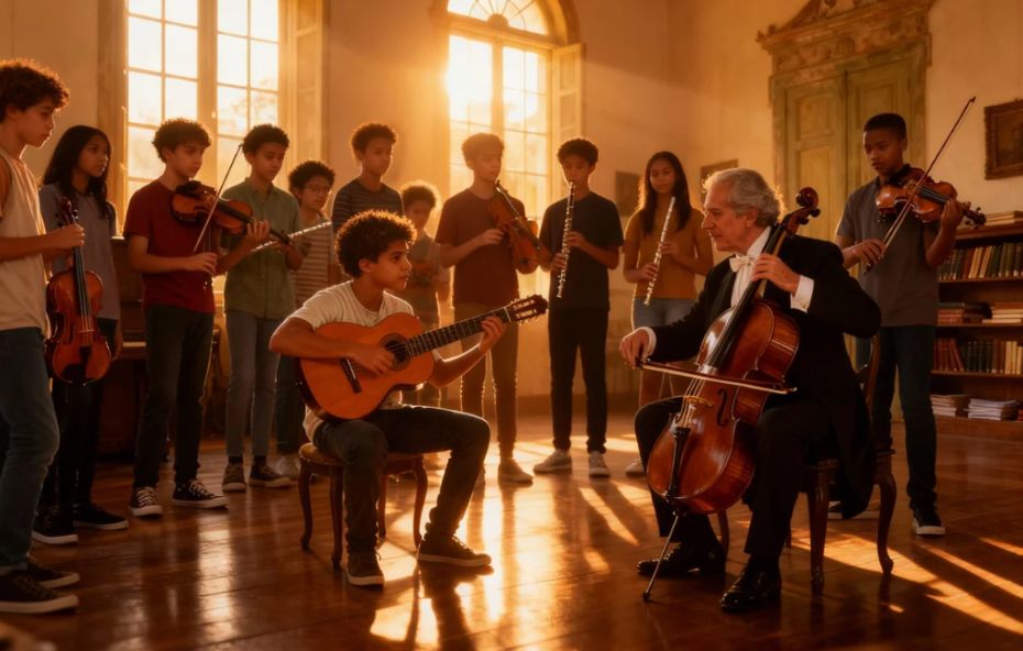 Um músico experiente toca violoncelo enquanto orienta um grupo de jovens músicos com violinos, flautas e violão em uma sala histórica iluminada pelo sol. A cena representa a vertente educativa do festival Vale do Café com estudantes atentos ao mestre em um ambiente clássico.