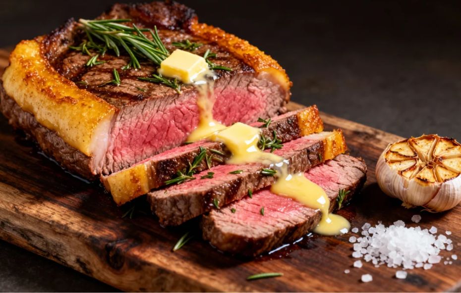 Uma peça de picanha fatiada sobre uma tábua de madeira rústica com o interior em tom rosado e suculento. Um pedaço de manteiga derrete sobre a carne quente espalhando um molho dourado entre as fibras. Acompanham a carne ramos de alecrim fresco, uma cabeça de alho assada e uma pequena pilha de sal grosso sobre a madeira.