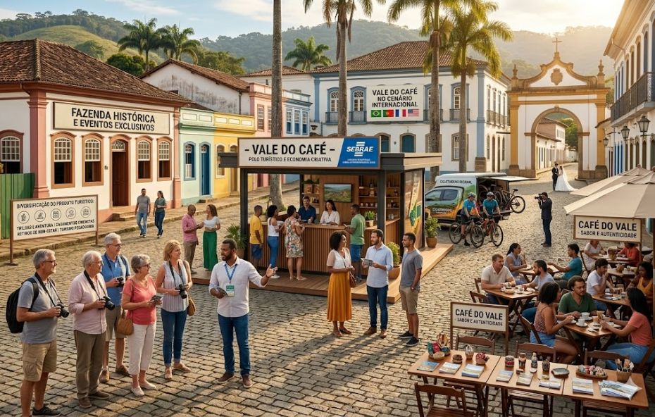 Um panorama ilustrado de uma vila colonial no Vale do Café. No centro, um quiosque de informações com letreiros do Sebrae e parcerias estratégicas. Ao redor, turistas com câmeras são guiados por profissionais. Diversos serviços são destacados, incluindo fazendas históricas, retiros de bem-estar, turismo de aventura, casamentos e feiras de artesanato regional. Banners reforçam a marca regional no cenário internacional.