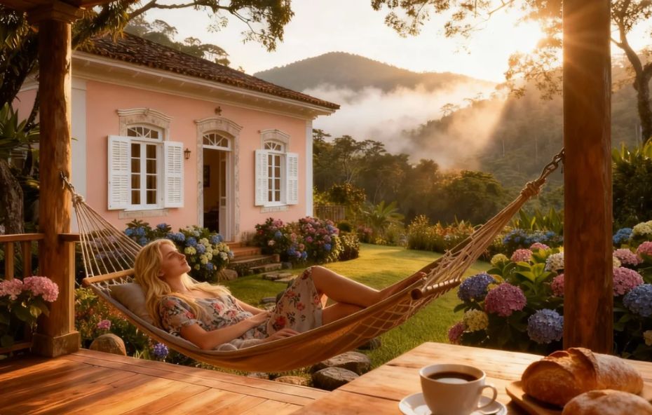 Mulher descansando em uma rede na varanda de uma pousada em Ipiabas de cor rosa com arquitetura colonial cercada por hortênsias coloridas e montanhas com neblina ao fundo durante o nascer do sol.