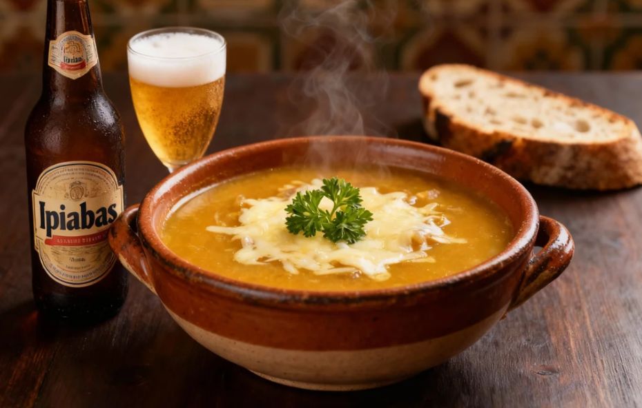 Uma tigela de barro com sopa de cebola cremosa, coberta com queijo derretido e salsa fresca, ao lado de uma garrafa de cerveja artesanal rotulada Ipiabas em uma mesa de madeira escura.