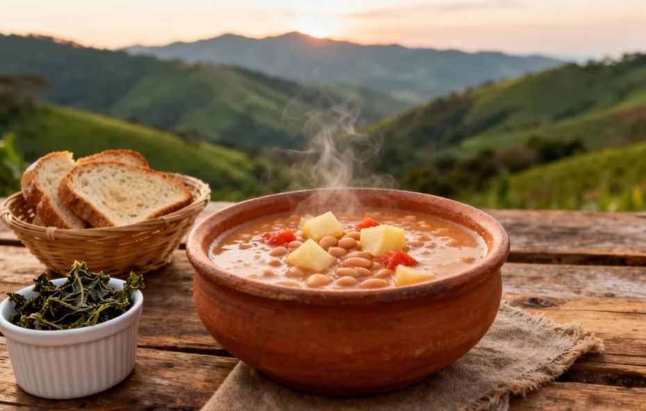 Uma tigela de barro rústica com sopa de feijão cremosa, pedaços de batata e tomate fumegantes sobre mesa de madeira com vista para as montanhas do Vale do Café ao pôr do sol.