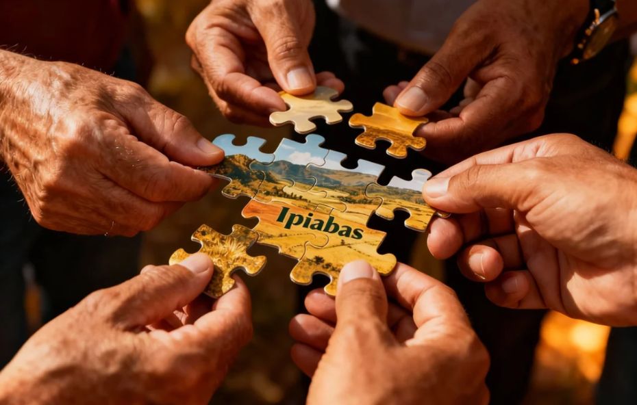 Várias mãos de diferentes pessoas encaixam peças de um quebra-cabeça que forma a paisagem rural e o nome da cidade de Ipiabas.