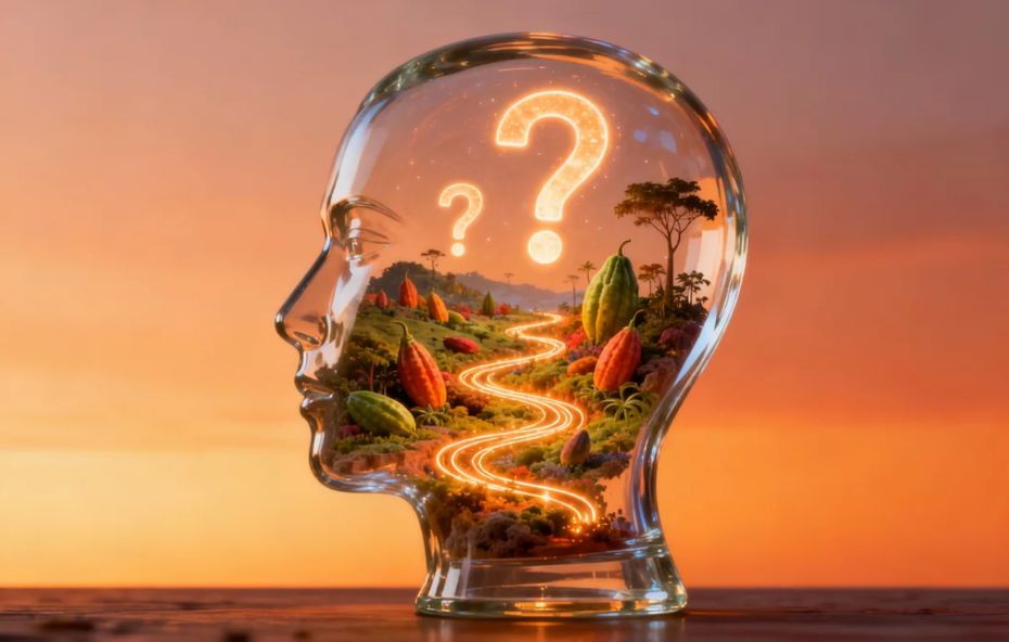 Uma cabeça humana de vidro transparente contendo em seu interior uma estrada sinuosa iluminada que atravessa vales com frutos de cacau e pontos de interrogação brilhantes no topo.