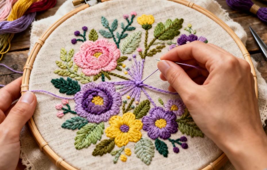 Close das mãos de uma pessoa bordando flores coloridas em relevo em um bastidor de madeira com tecido de linho claro e linhas de meada ao redor.