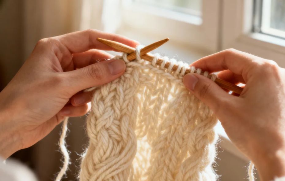 Close das mãos de uma pessoa utilizando agulhas de madeira para tecer uma peça de tricô com lã branca espessa em um ponto trançado complexo próximo a uma janela.