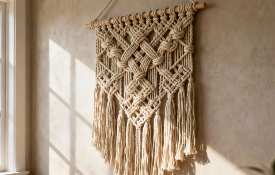 Painel decorativo de macramê em cordão de algodão cru com padrão de nós geométricos e franjas longas, pendurado em uma haste de madeira em uma parede de tom neutro sob luz natural.