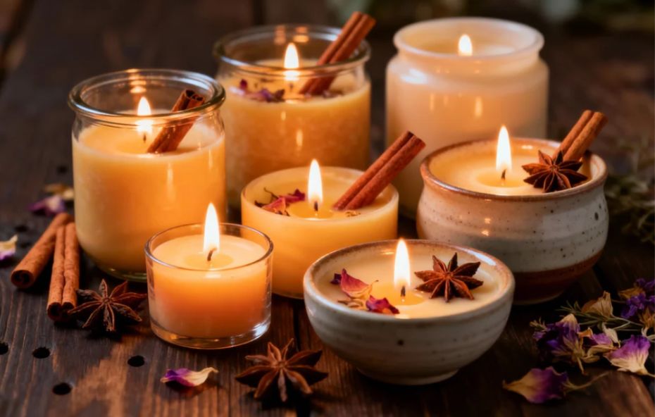 Diversas velas artesanais acesas em recipientes de vidro e cerâmica sobre uma mesa de madeira escura, decoradas com paus de canela, anis estrelado e pétalas secas sob uma iluminação quente.
