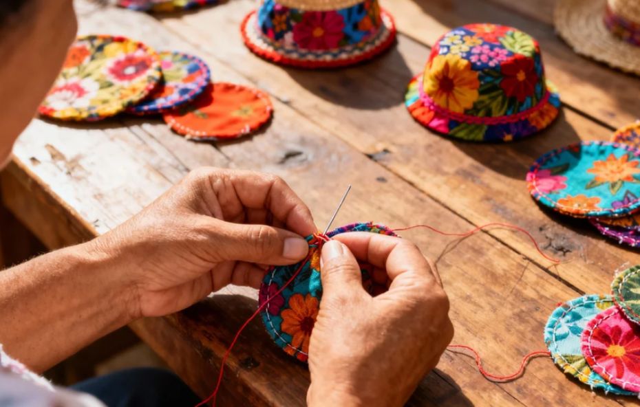Mãos de uma artesã costurando pequenos círculos de tecido floral coloridos para criar fuxicos sobre uma mesa de madeira rústica com peças finalizadas ao redor.