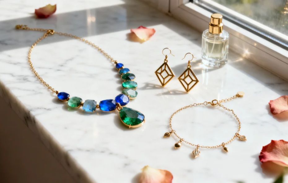 Conjunto de joias artesanais composto por um colar de pedras azuis e verdes, brincos dourados geométricos e uma pulseira delicada, dispostos sobre uma superfície de mármore iluminada pelo sol.