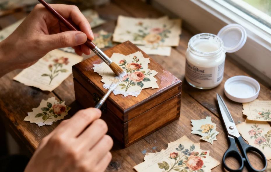 Mãos de uma pessoa utilizando um pincel para aplicar cola e fixar recortes de papel com estampas de rosas sobre uma pequena caixa de madeira escura em uma mesa de trabalho.