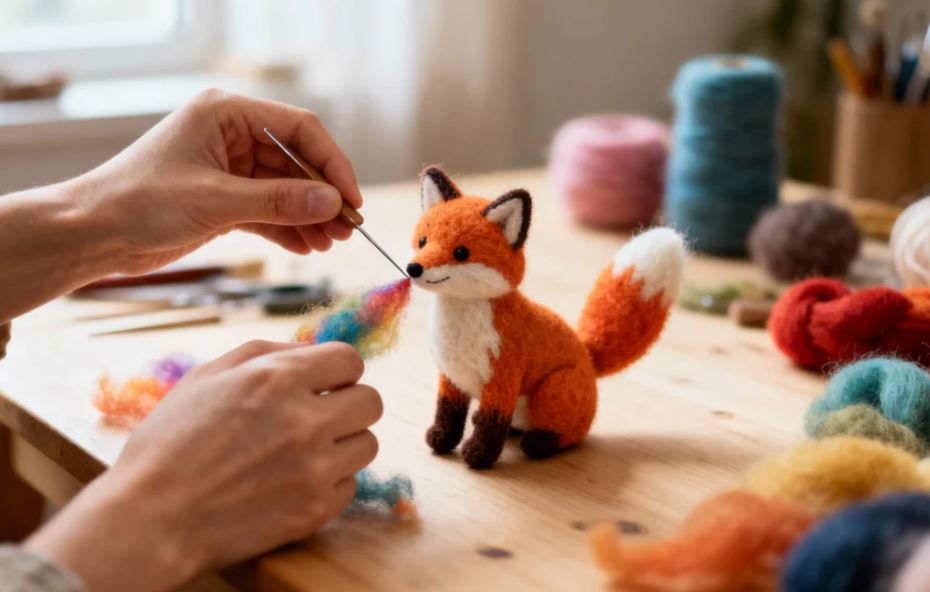 Mãos artesanais utilizam uma agulha de feltragem para moldar os detalhes de uma pequena raposa feita de lã tingida em tons de laranja e branco sobre uma mesa de madeira.