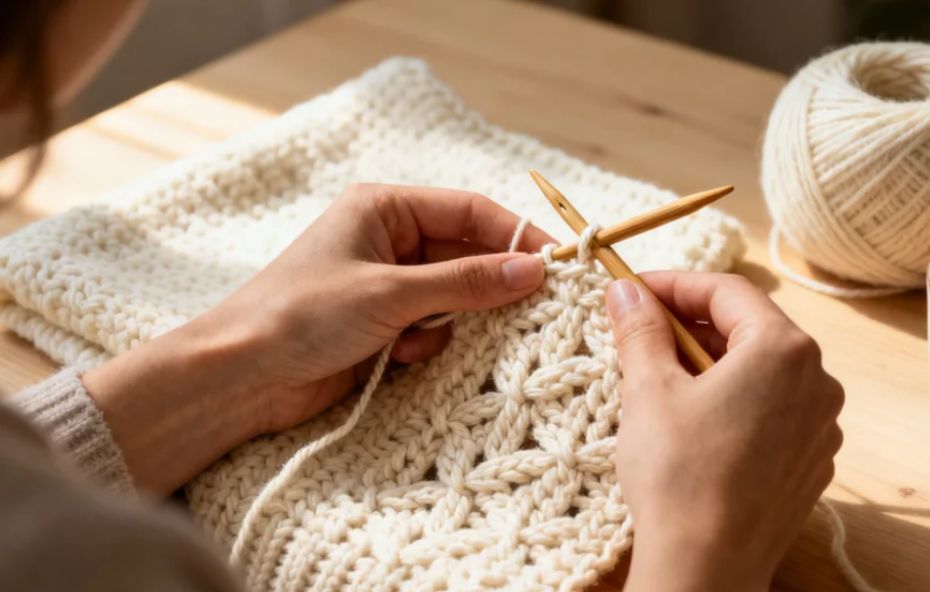 Close das mãos de uma pessoa utilizando agulhas de bambu para tecer uma peça de crochê com lã grossa em tom creme sobre uma mesa de madeira clara.