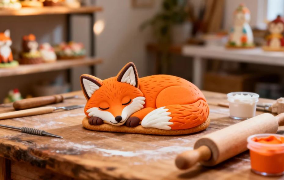 Escultura artesanal em biscuit de uma raposa laranja e branca dormindo sobre uma base de madeira em um ateliê, cercada por ferramentas de modelagem e rolos de massa.
