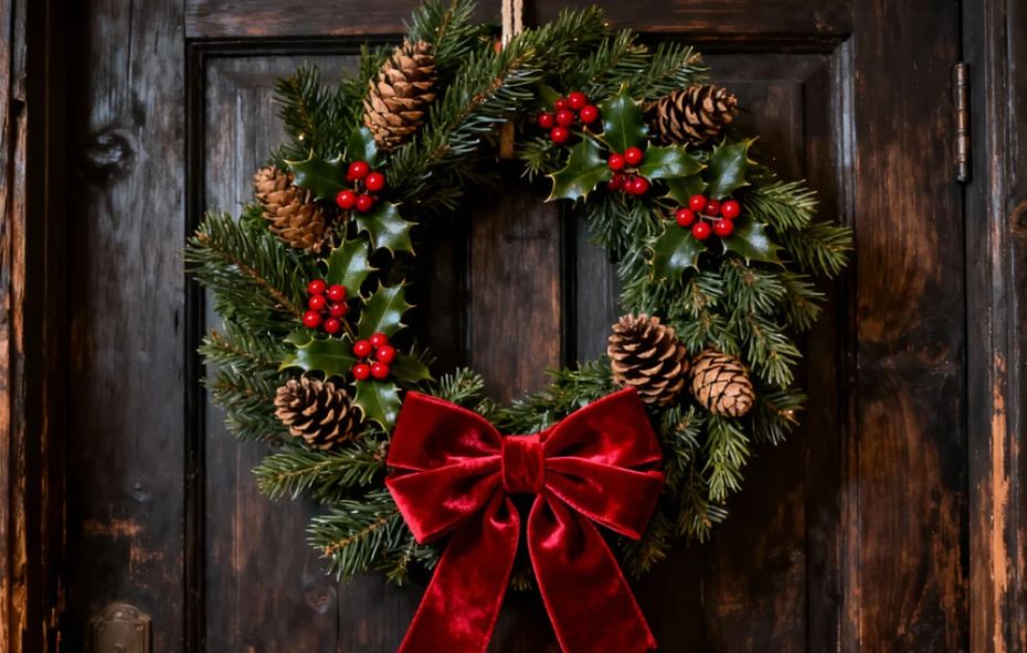 Guirlanda circular feita de ramos de pinheiro verde com pinhas naturais e detalhes de azevinho com bagas vermelhas, adornada com um grande laço de veludo carmesim, pendurada em uma porta de madeira escura.