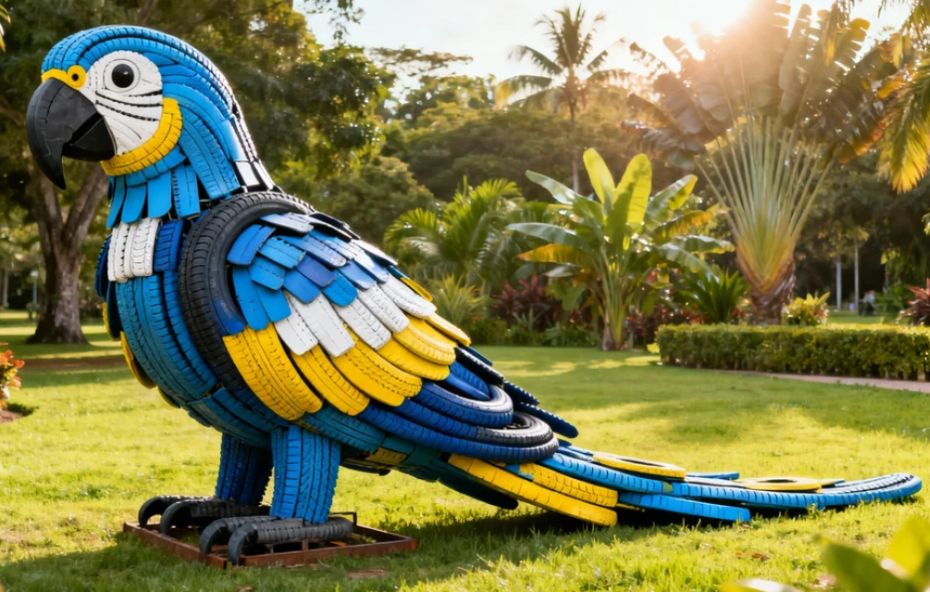 Fotografia de uma escultura monumental de arara azul e amarela, fabricada com pneus reutilizados, instalada em um jardim ensolarado em Ipiabas, Barra do Piraí.