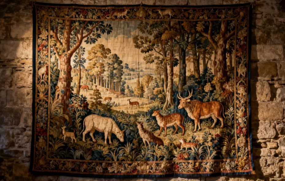 Grande tapeçaria de parede tecida à mão exibindo uma cena bucólica com cervos, ovelhas e árvores em tons terrosos e verdes, pendurada em uma parede de pedras rústicas.