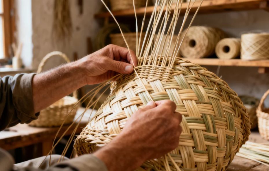 Close das mãos de um artesão trançando fibras naturais para criar um cesto circular em um ateliê com prateleiras repletas de rolos de palha e cestos finalizados ao fundo.