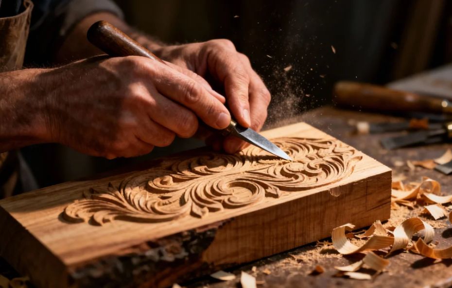 Close de mãos habilidosas utilizando um formão para esculpir detalhes florais em relevo em um bloco de madeira maciça, com serragem fina dispersa pelo ar e sobre a bancada.
