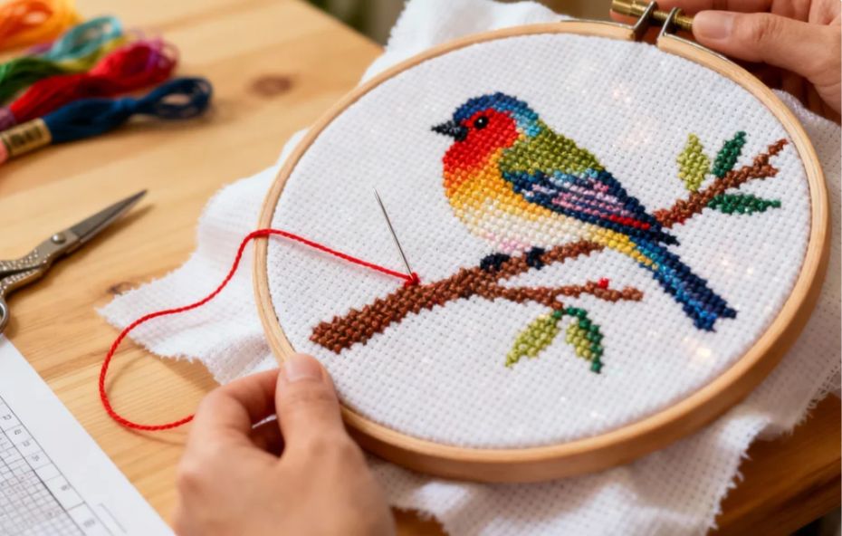 Mãos segurando um bastidor de madeira com um bordado em ponto cruz de um pássaro colorido em um galho, cercado por linhas coloridas e uma tesoura sobre uma mesa de madeira.