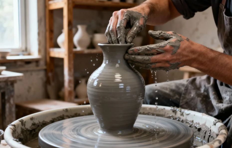 Conjunto de peças de cerâmica em tons terrosos, incluindo vasos e pratos com texturas orgânicas, dispostos sobre uma mesa de madeira rústica em um ambiente com iluminação natural.